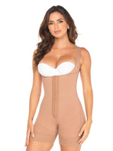 Front view of the beige high compression vest faja with hooks.