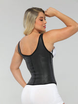 Back view of a model wearing the black semi vest latex waist trainer.
