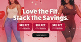 Promotional graphic with two women in clothing, text 'Love the Fit. Stack the Savings.