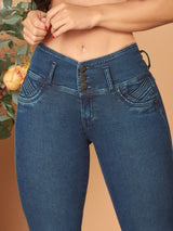 front dark wash butt lift colombian jeans with three buttons
