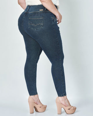 Sasha Butt Lift Dark Blue Ripped Skinny Jeans lower body back view.