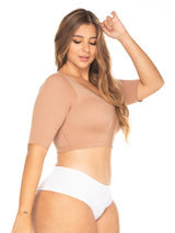 Full body side view of the long sleeved high compression shapewear bra.